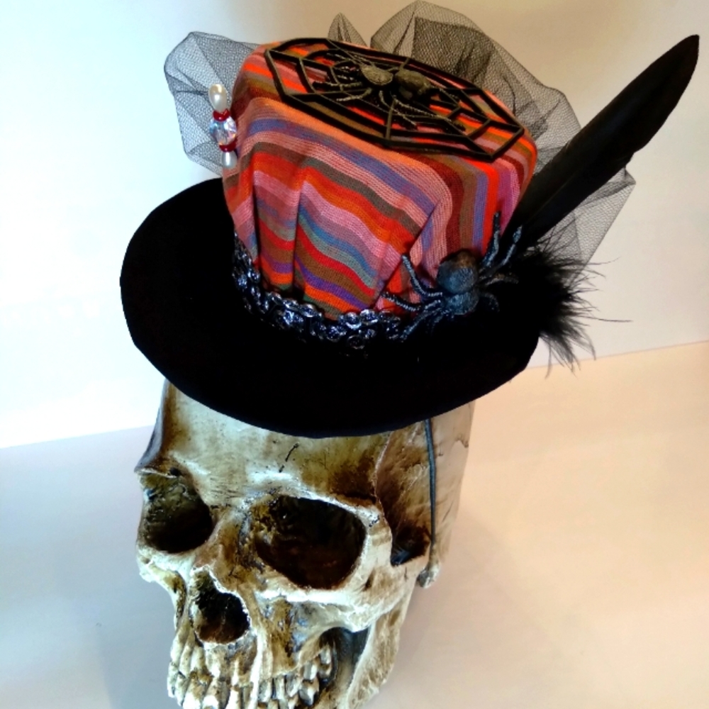 Halloween spiderweb mini tophat madhatter orange stripe black handmade mini hat